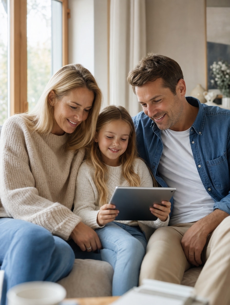 Deutsche Familie auf dem Sofa — sanftes Lächeln, realistisches Tablet, natürlich