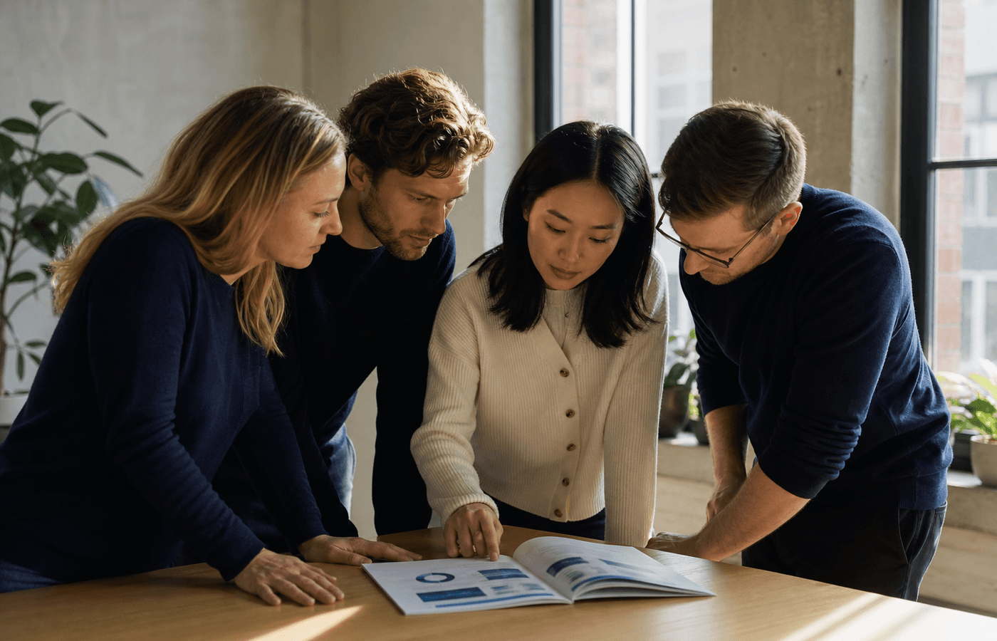 Team mit gemeinsamem Fokus auf ein Dokument — Investmentphilosophie
