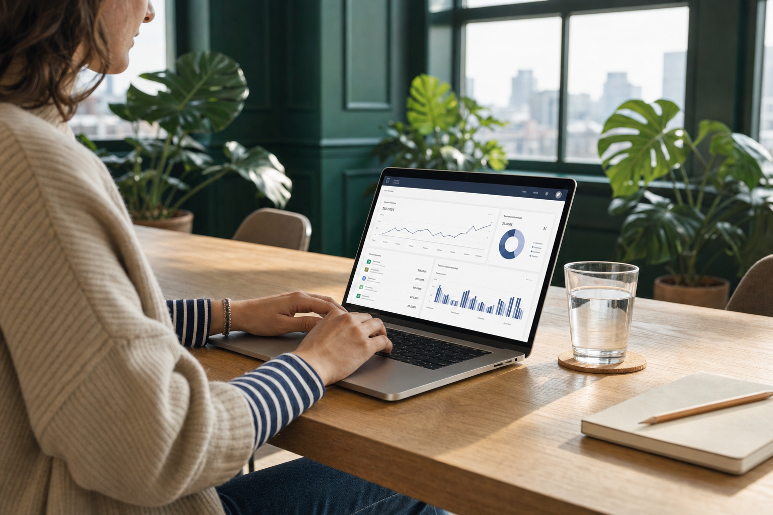 Anlegerin verwaltet Vermögen, Anlagen und Marktdaten am Laptop in ihrem persönlichen Bereich.