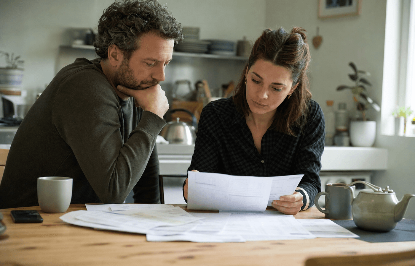Paar bespricht Finanzen am Küchentisch — ruhig, alltagsnah, ungestellt